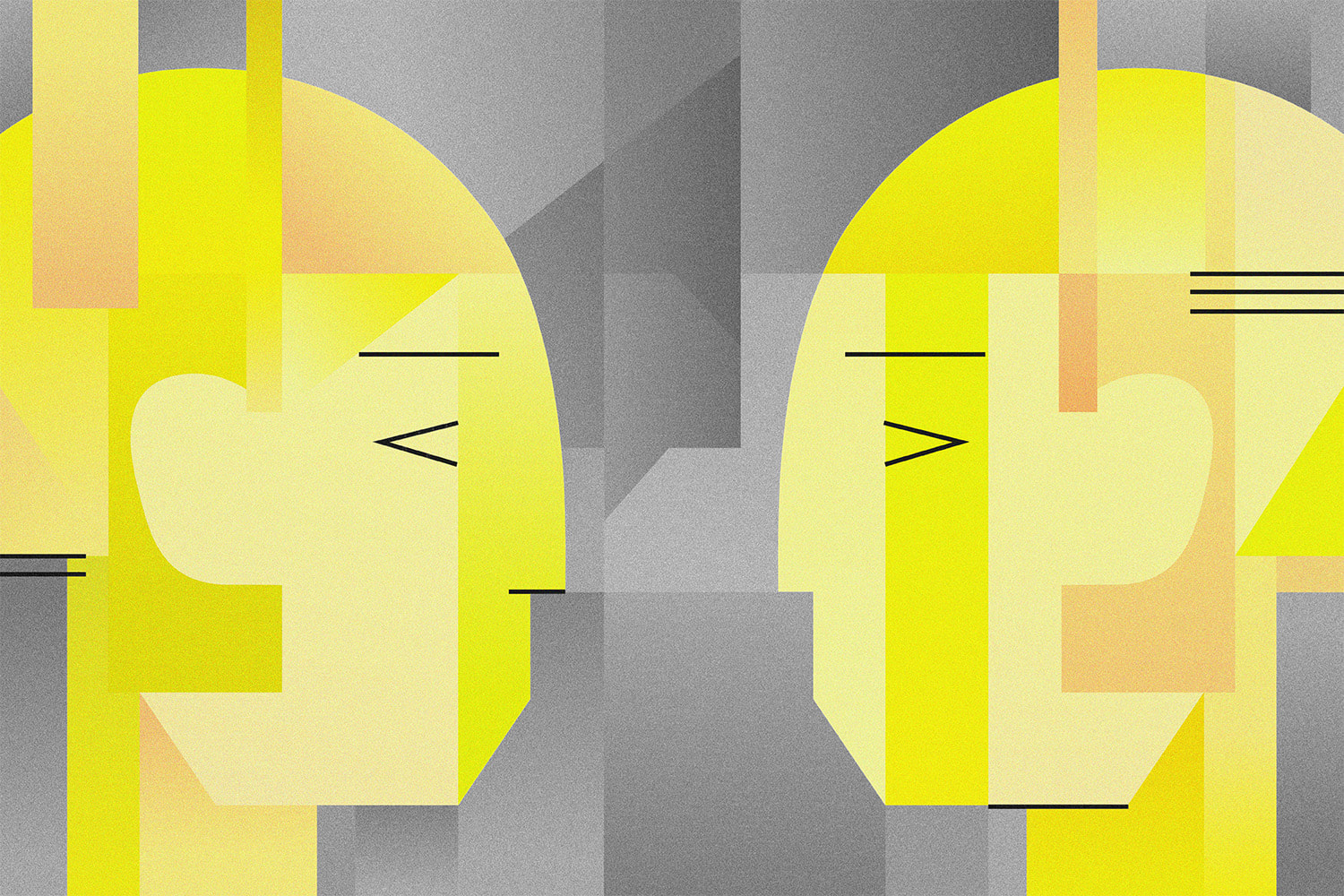 Abstrakte Illustration von zwei stilisierten gelben Gesichtern, die sich gegenüberstehen.