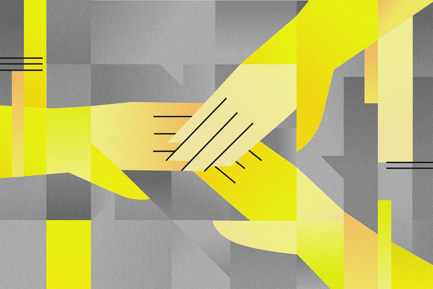 Abstrakte Illustration mehrerer gelber Hände, die zusammenarbeiten.